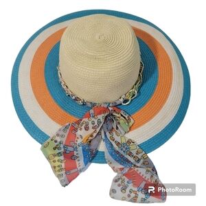 ROYAL ROAD Rainbow Straw Summer Beach Sun Hat Wide Brim Sz 56 Colorful Bow